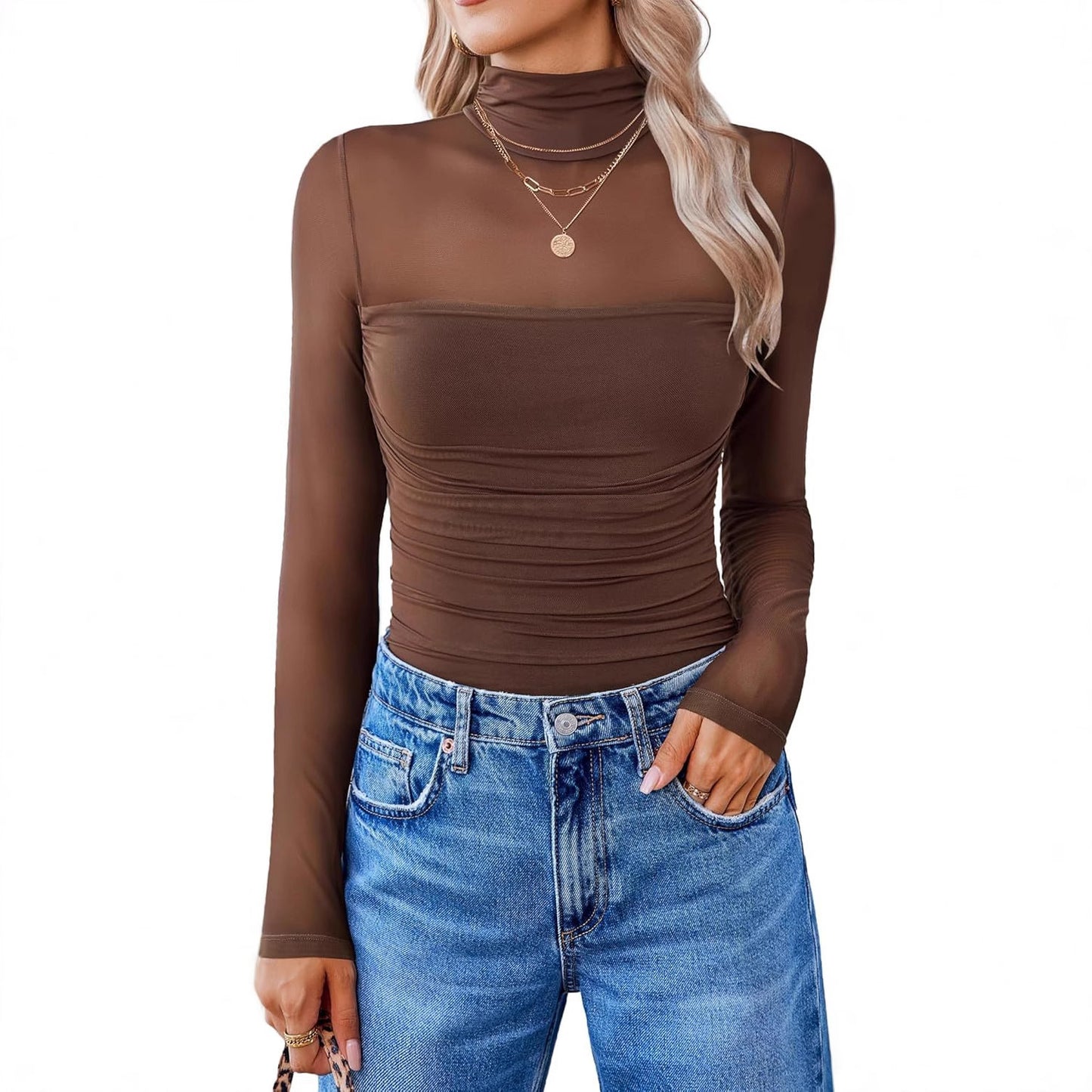 Round Neck Mesh Stitching Sheer Long Sleeve