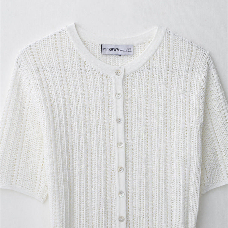 Women's Simple Belt Jacquard Mesh Knitted Coat