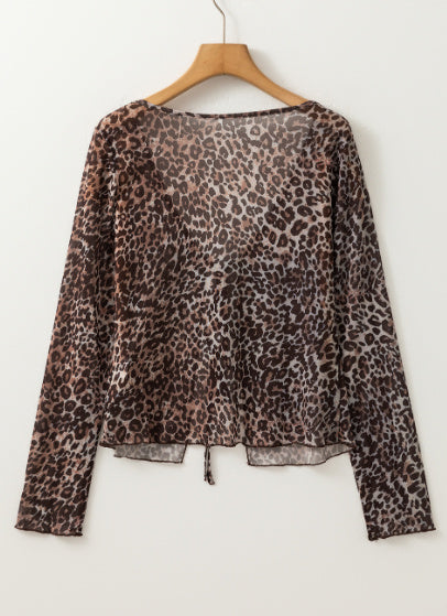 Multicolour Leopard Sheer Mesh Long Sleeve V Neck Lace-up Blouse