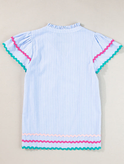 Sky Blue Stripe Ricrac Trim Split Neck Striped Ruffled Sleeve Blouse