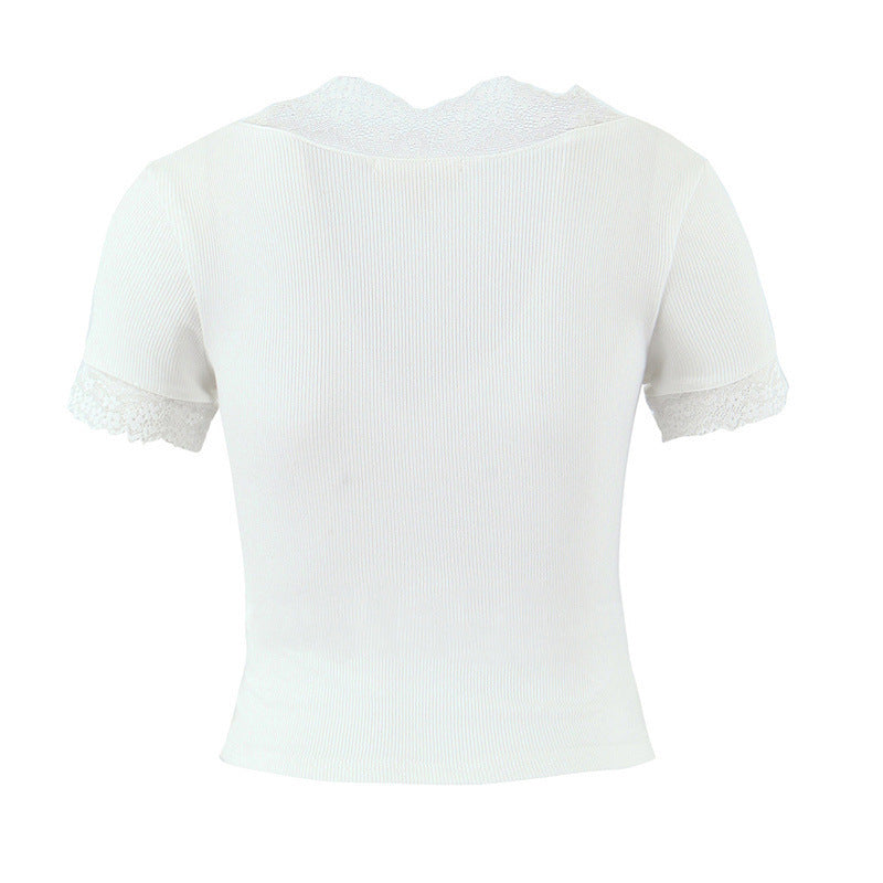 Lace V-neck Slim Knit Small Top