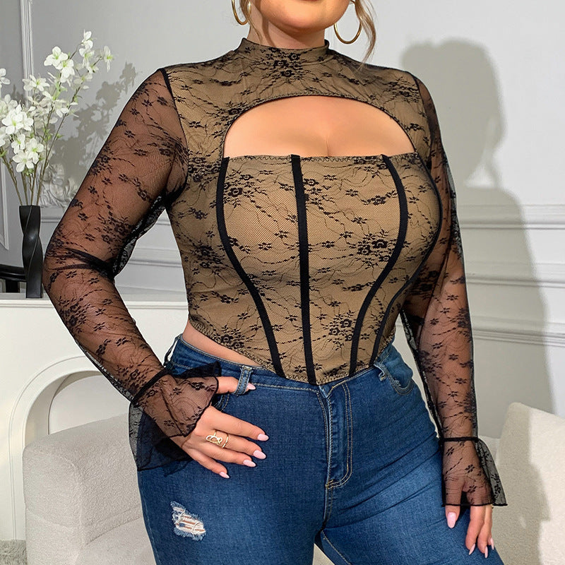Large Size For Girl Hot Girl Mesh Low-cut Steel Ring Fishbone Long-sleeved Top