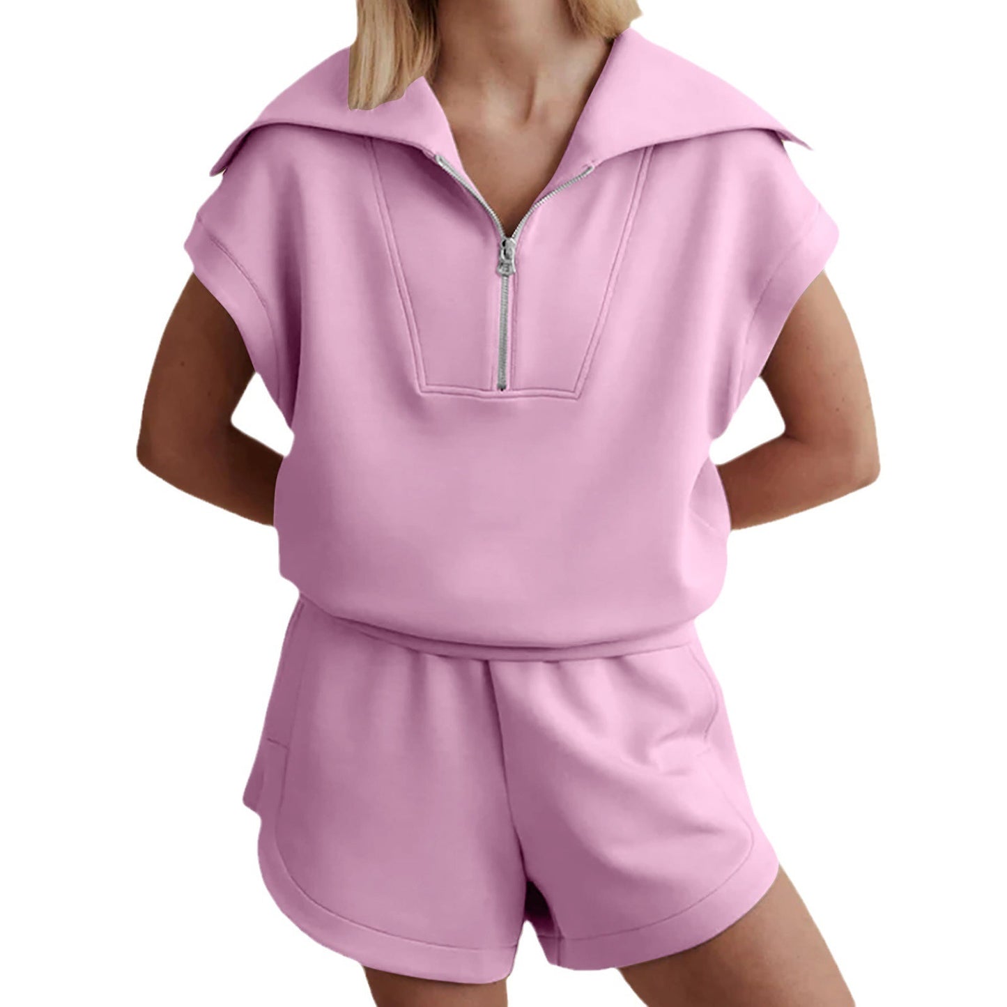 Women's Casual Solid Color Half Zipper And Lapel Top Sweatshirt Shorts Sportswear Suit