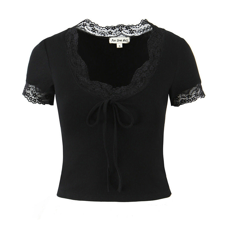 Lace V-neck Slim Knit Small Top