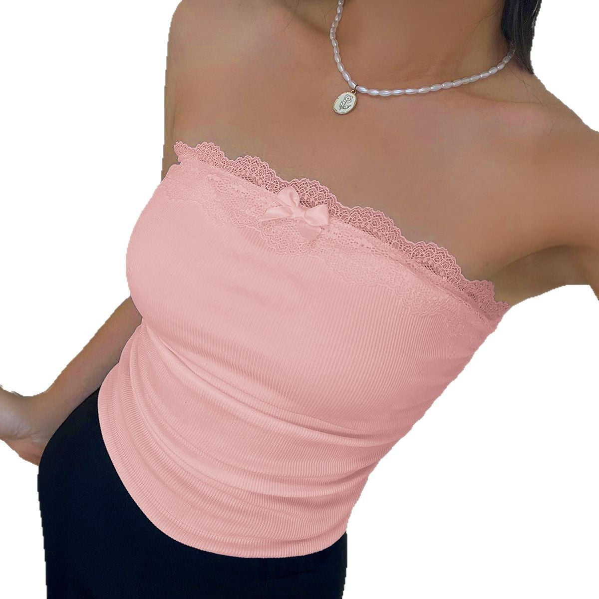 Thread Stitching Lace Bow Tube Top T-shirt Top