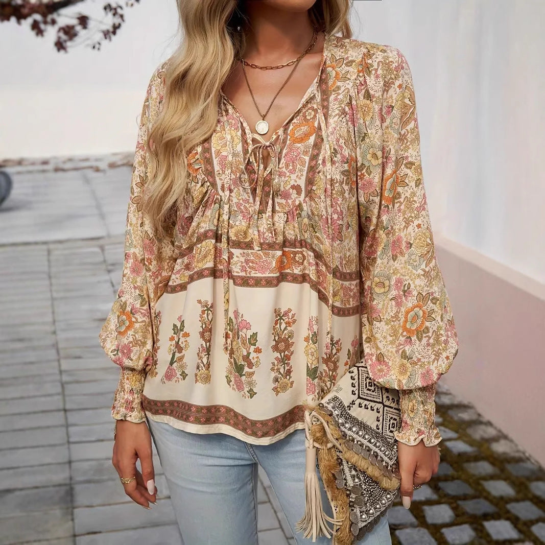 Bohemian Vacation Style Printed V-neck Lace-up Long Sleeve Top