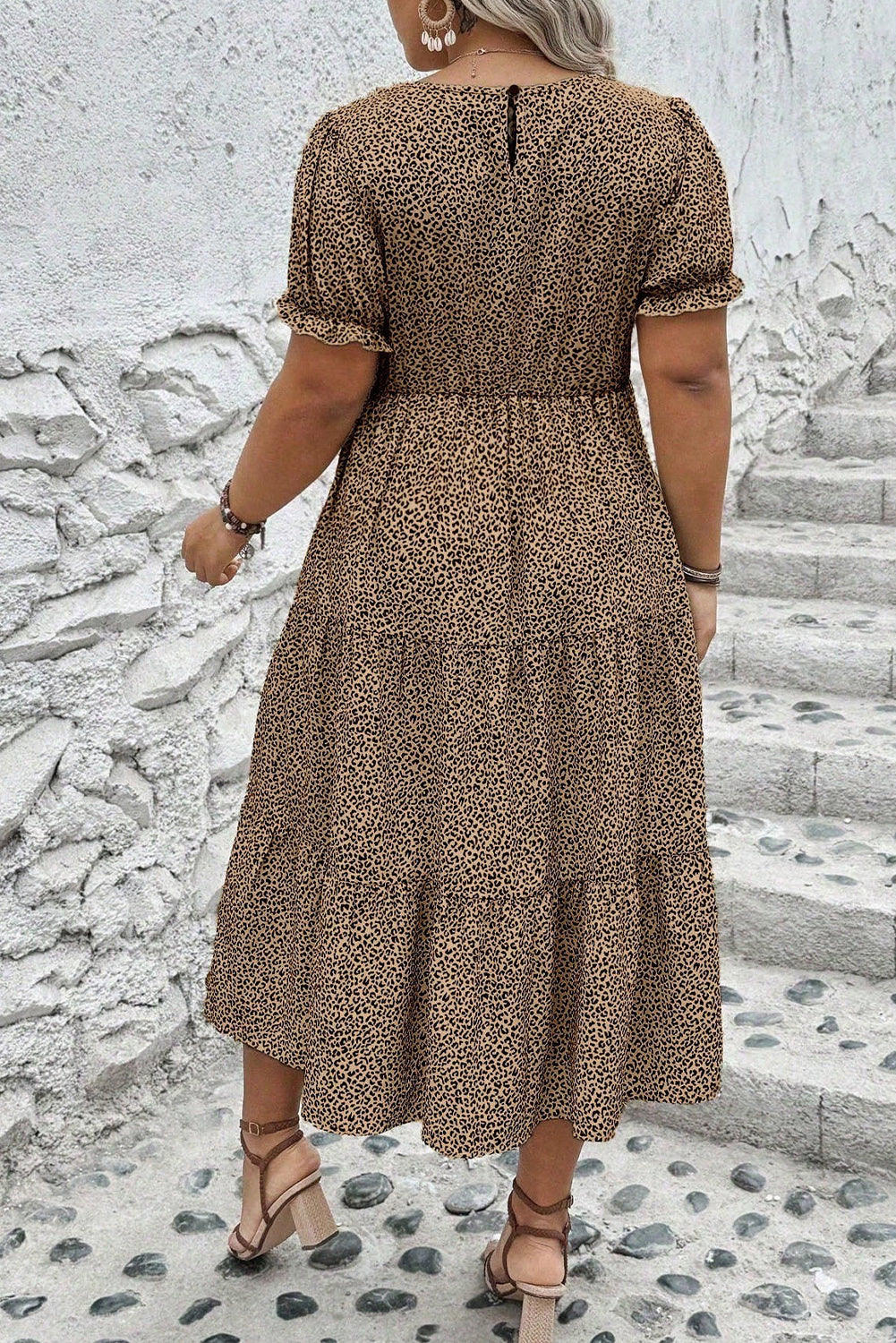 Brown Plus Size Leopard Print Frill Trim Short Sleeve Flared Dress