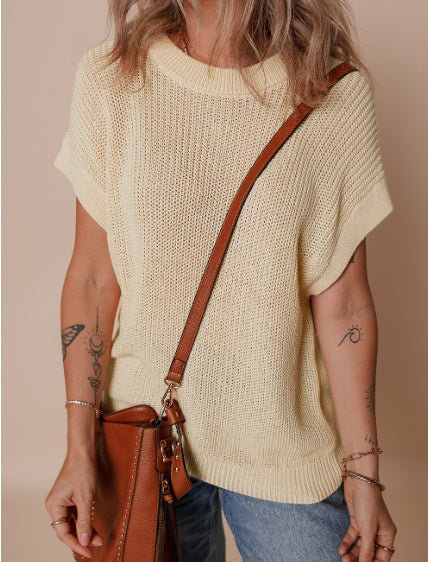 Oatmeal Solid Color Batwing Short Sleeve Round Neck Knit T Shirt