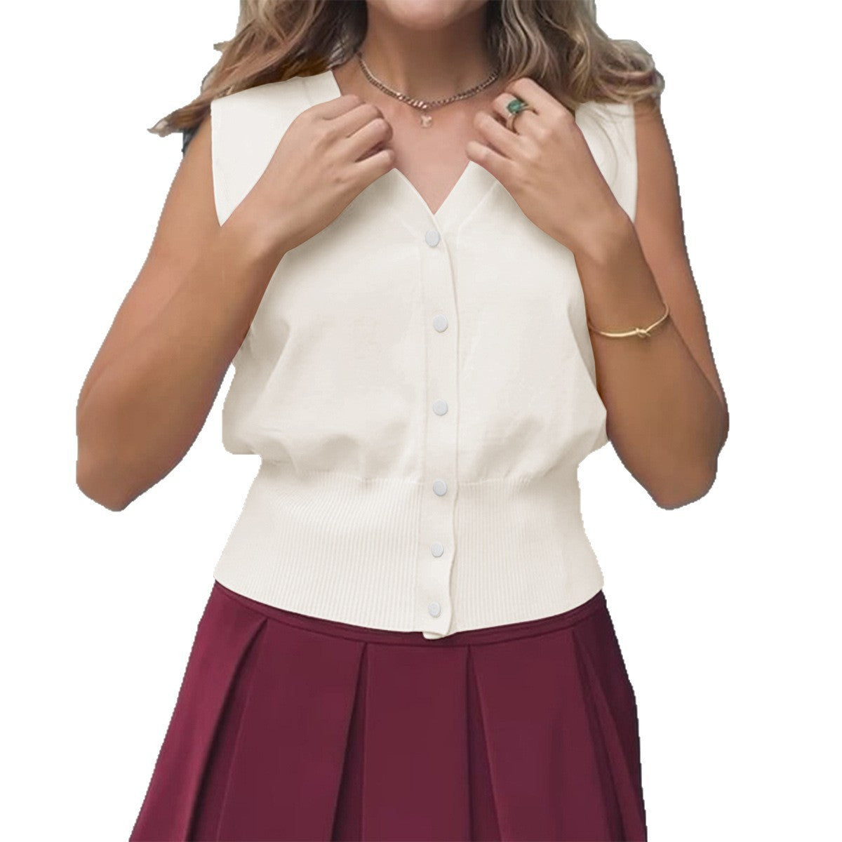 Leisure Vacation Solid Color Buttons T-shirt Vest For Women