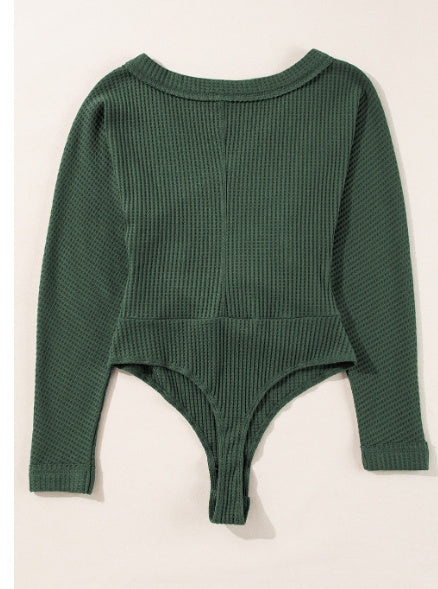 Blackish Green Waffle Knit Slim Fit Wrap V Neck Bodysuit