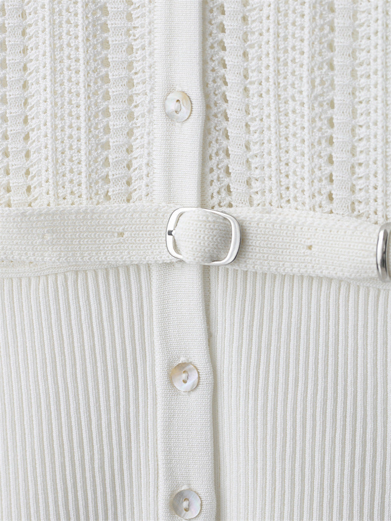 Women's Simple Belt Jacquard Mesh Knitted Coat