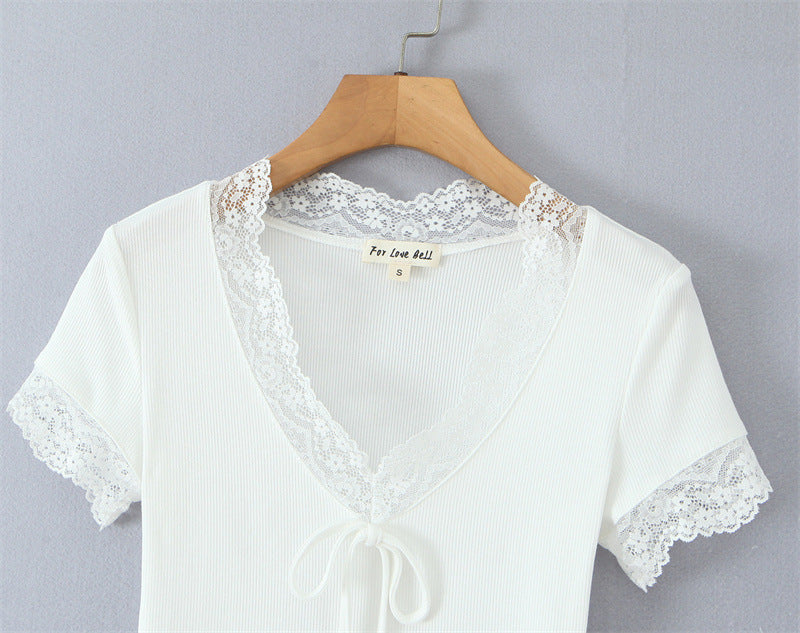 Lace V-neck Slim Knit Small Top