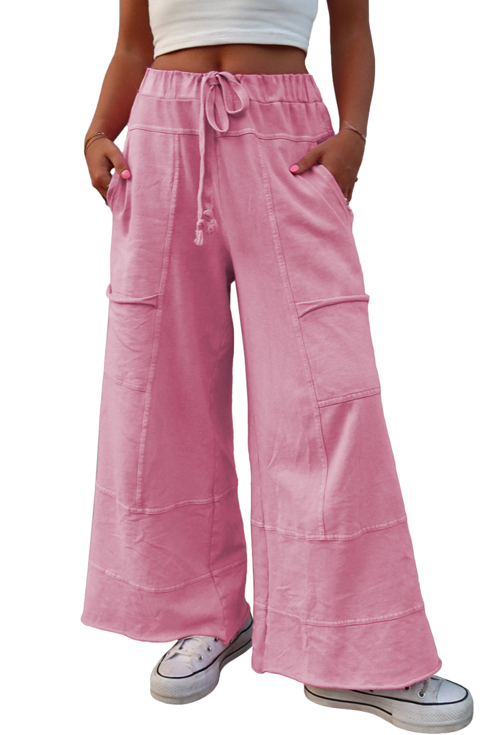 Bonbon Mineral Wash Exposed Seam Drawstring High Waist Wide Leg Cargo Pants