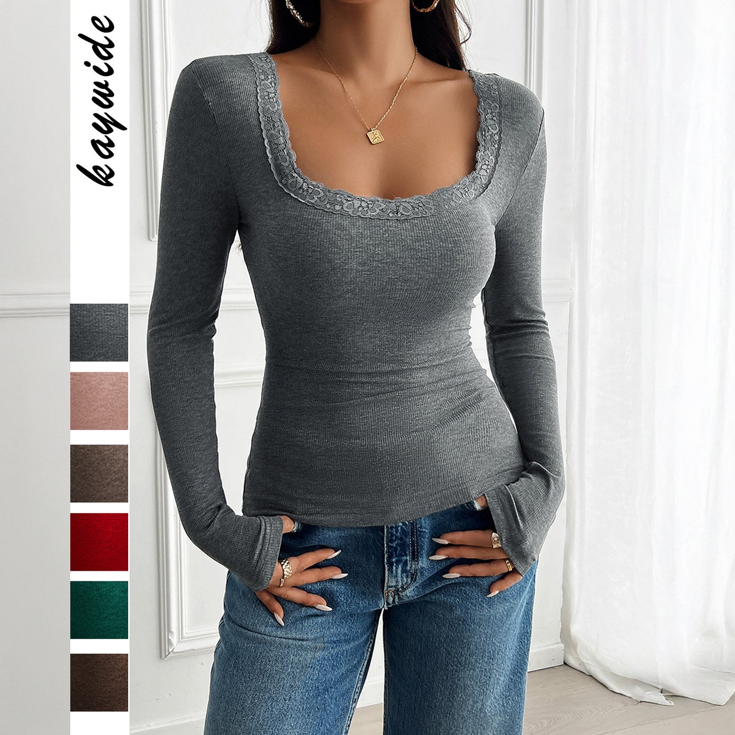 Y2g Elegant Slim Fit Square Collar Long-sleeved Sweater