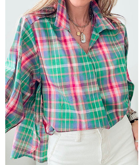 Green Checkered Sleeveless Shirt With Loose Collar