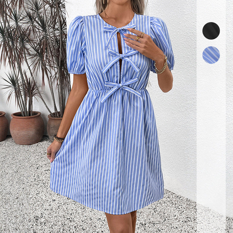 Retro Striped Dress Round Neck Bowknot Lace-up Dress
