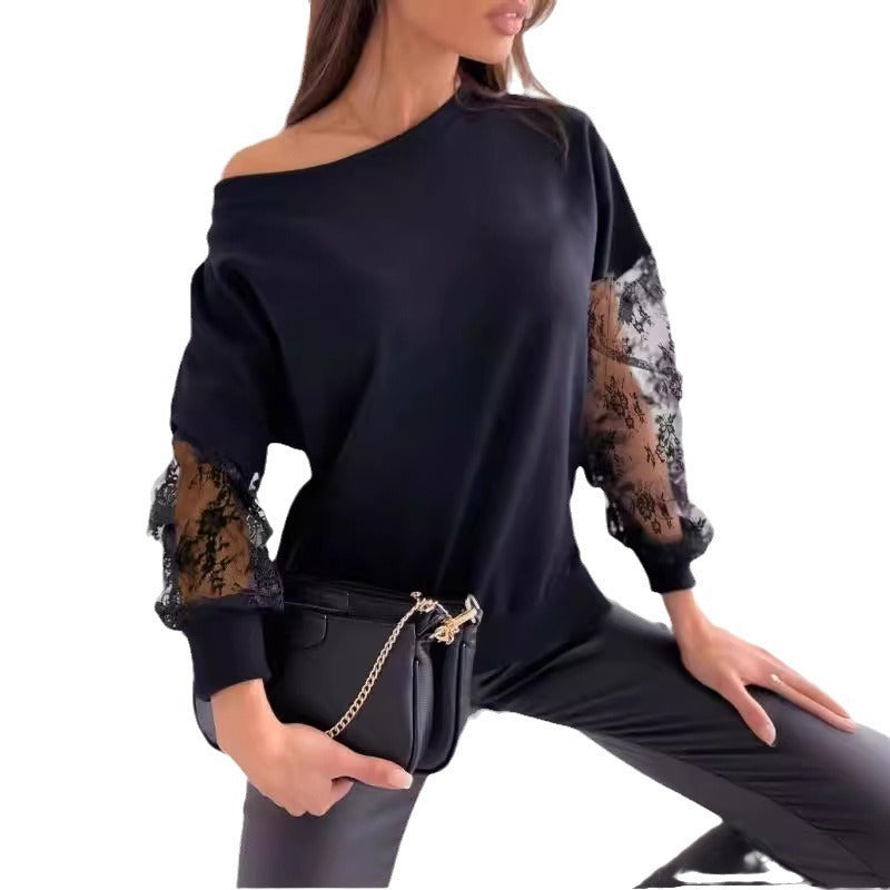 Solid Color Lace Stitching Long Sleeve T-shirt