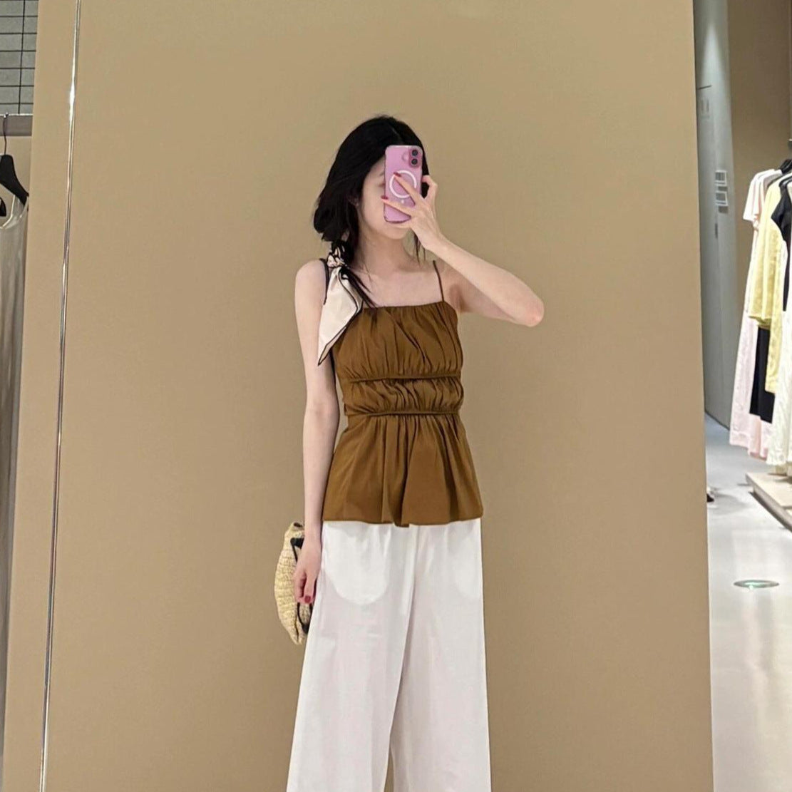 Standard Edition Pleated Camisole Top Brown Easy Matching Waisted Vest