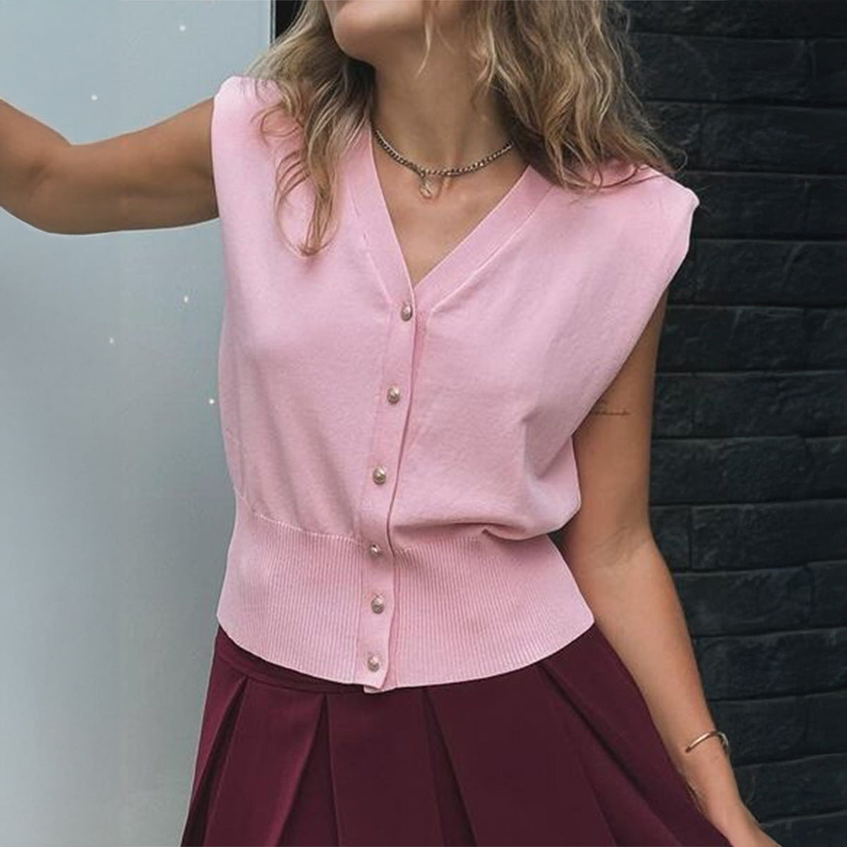 Leisure Vacation Solid Color Buttons T-shirt Vest For Women