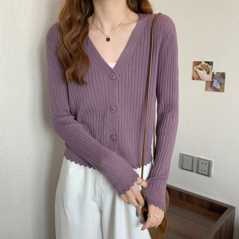 Fall V-neck Sunken Stripe Knitted Cardigan For Women