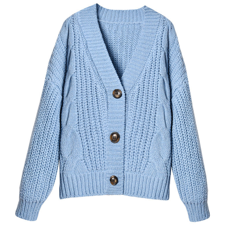 Button sweater coat women loose thick wool twist knit sweater
