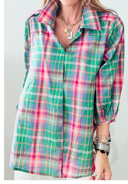 Green Checkered Sleeveless Shirt With Loose Collar