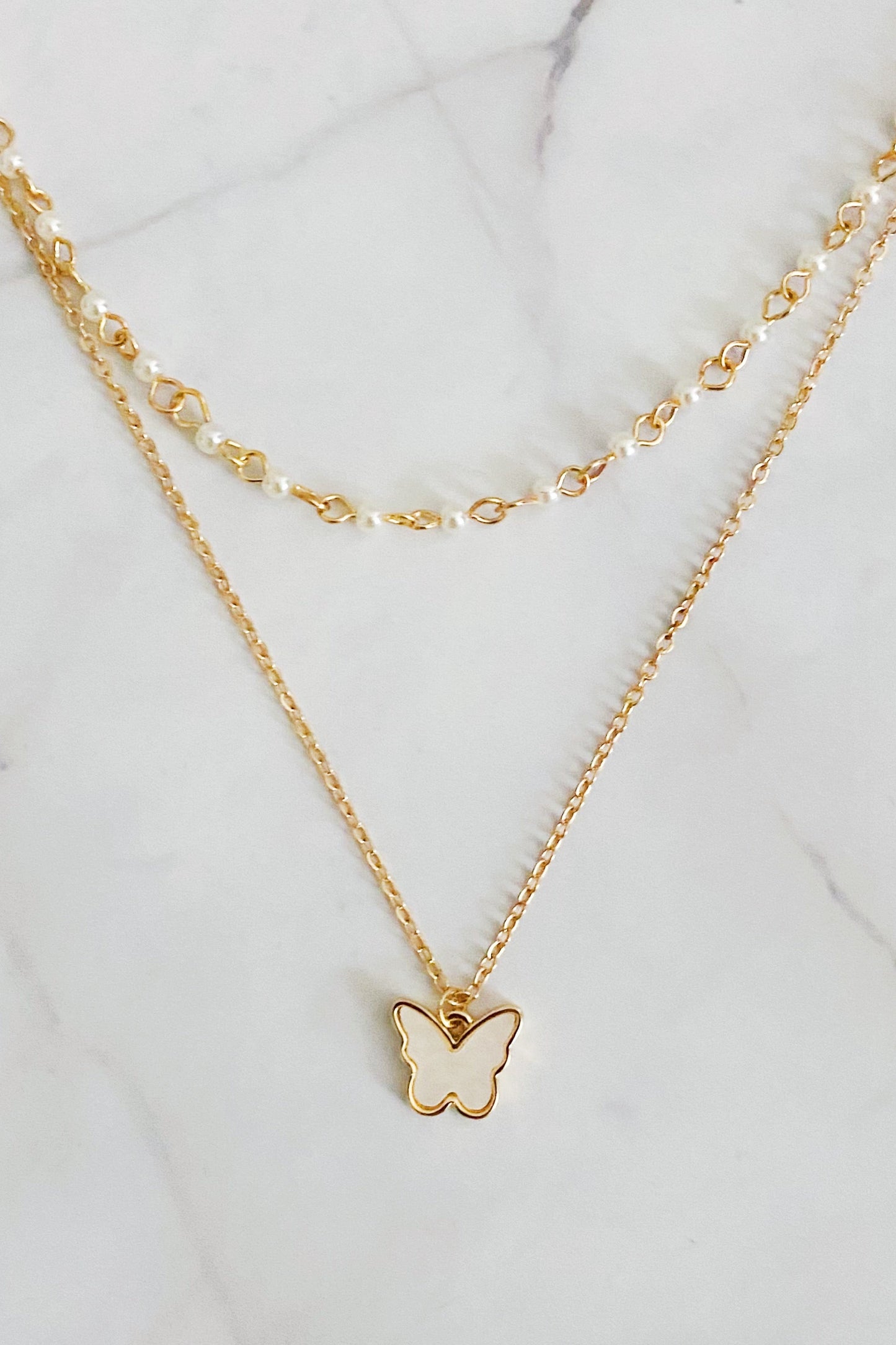 Layered Pearl Chain Butterfly Necklace by Ellisonyoung.com
