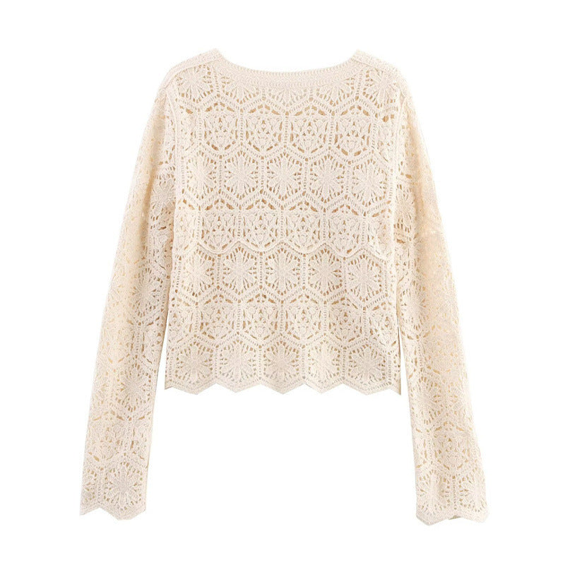 European And American Style French Style New Round Neck Long Sleeve Hollow Wave Hem Knitted Cardigan