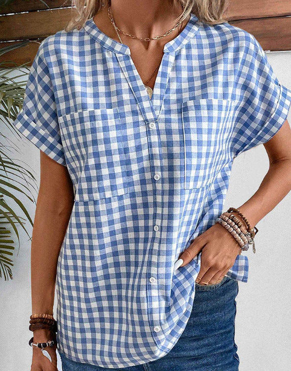 European And American Retro Loose V-neck Plaid Overshirt