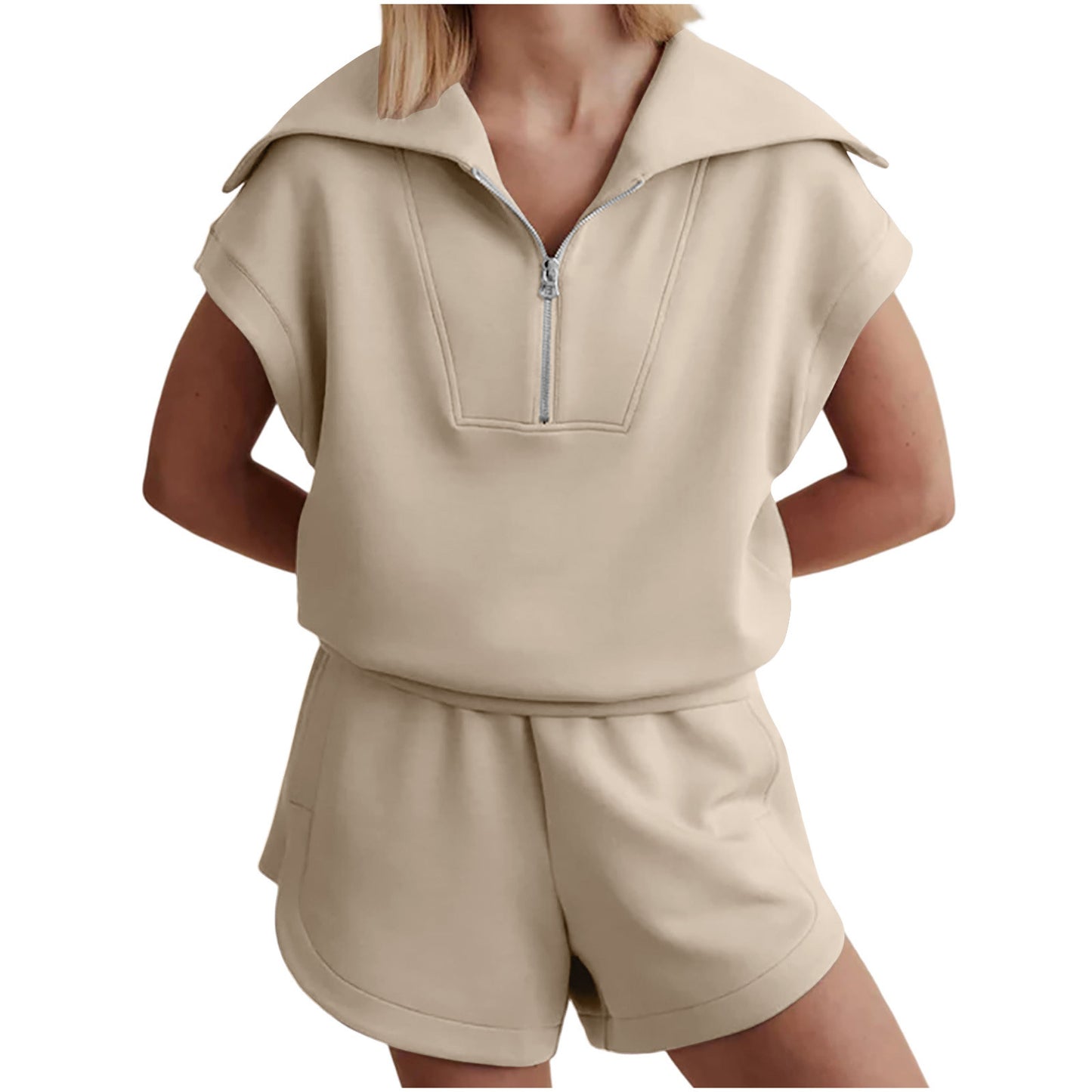 Women's Casual Solid Color Half Zipper And Lapel Top Sweatshirt Shorts Sportswear Suit