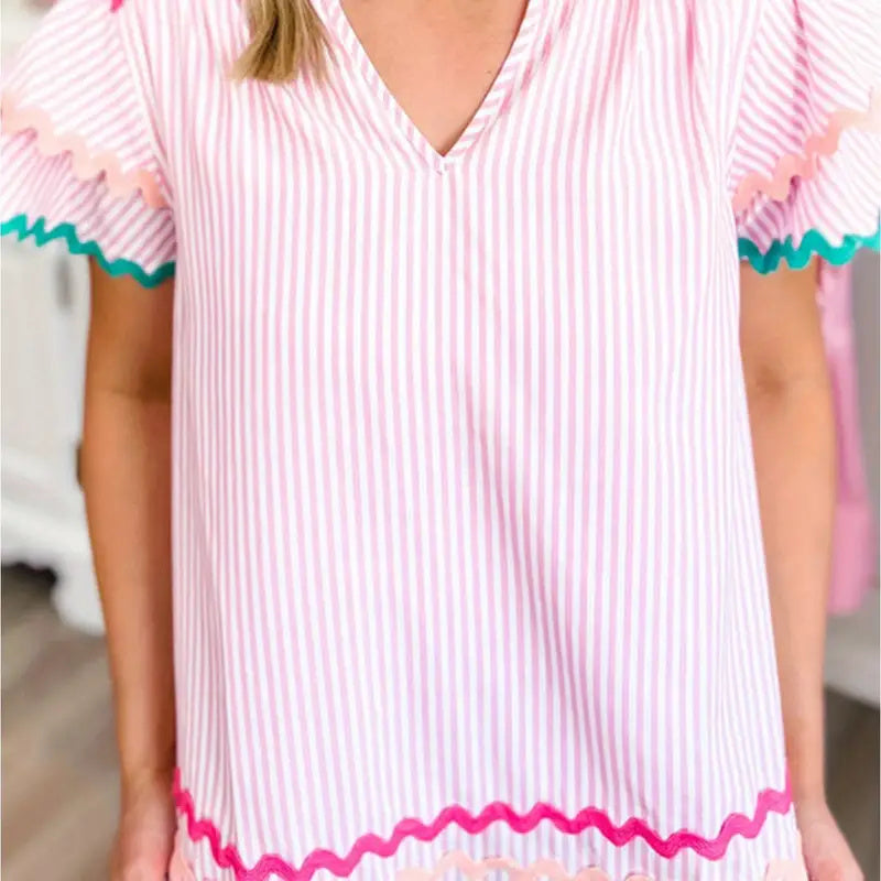 Sky Blue Stripe Ricrac Trim Split Neck Striped Ruffled Sleeve Blouse