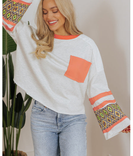 Apricot Western Aztec Patch Mineral Wash Loose Fit Top