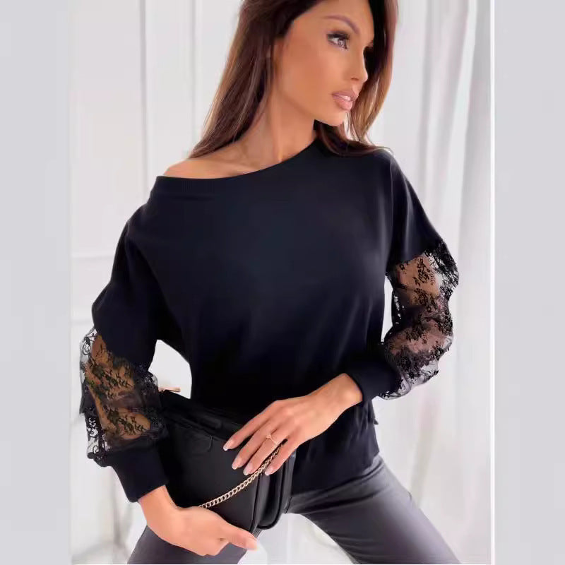 Solid Color Lace Stitching Long Sleeve T-shirt