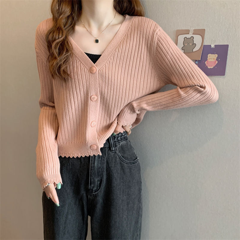 Fall V-neck Sunken Stripe Knitted Cardigan For Women