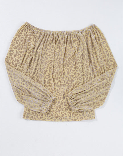 Beige Leopard Velvet Burnout Off Shoulder Long Sleeve Blouse