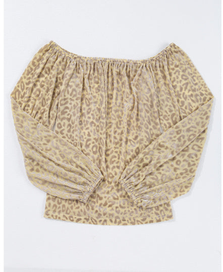 Beige Leopard Velvet Burnout Off Shoulder Long Sleeve Blouse