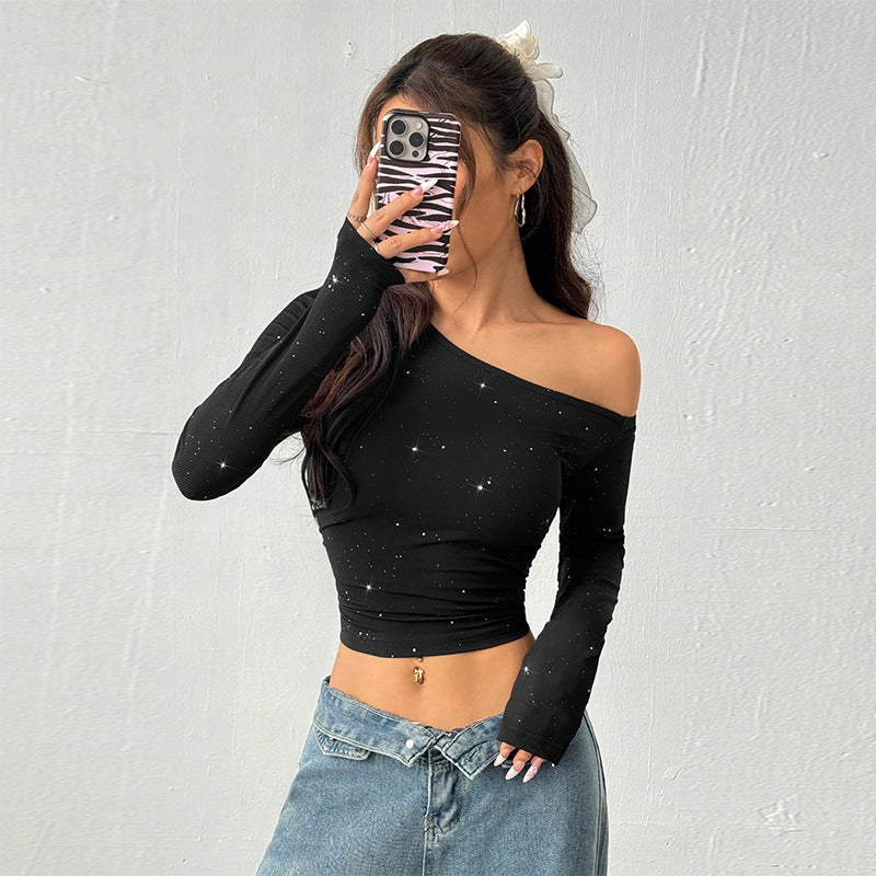 European And American Hot Girl Rhinestone Shoulder Long Sleeve T-shirt