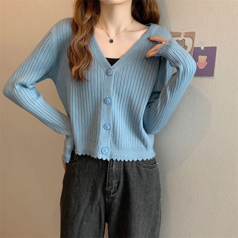Fall V-neck Sunken Stripe Knitted Cardigan For Women