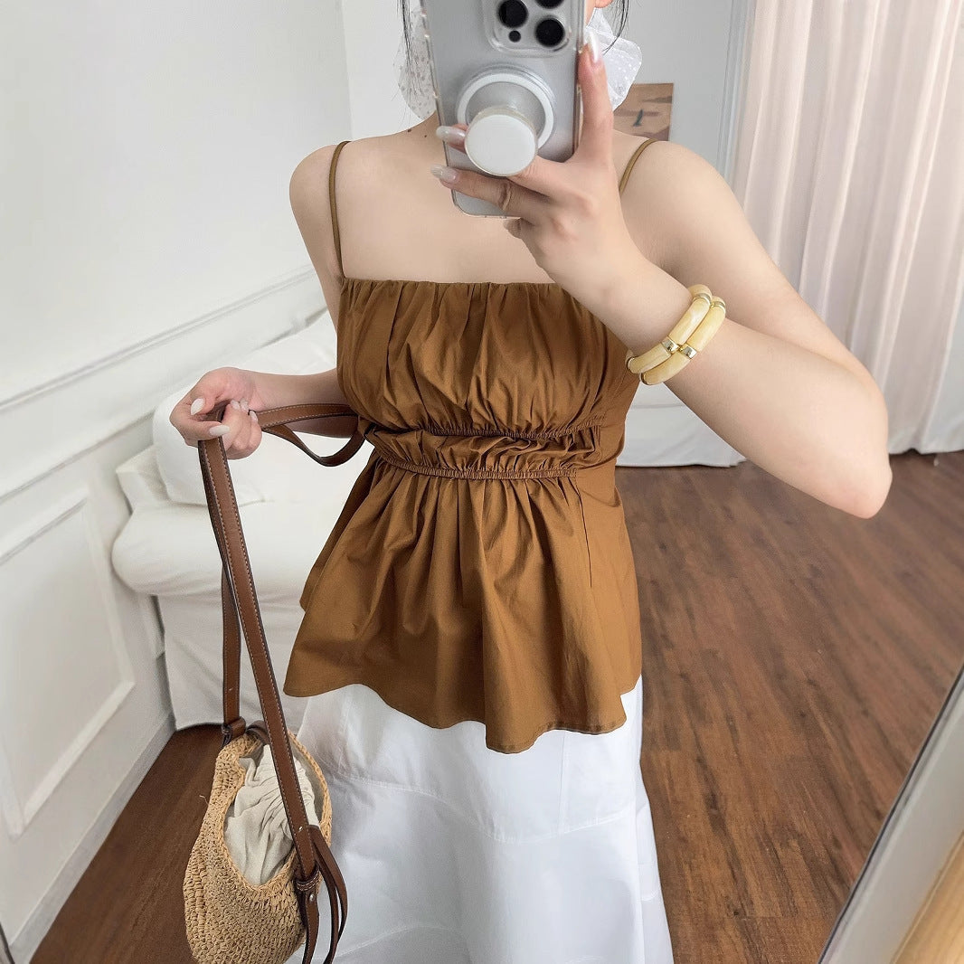 Standard Edition Pleated Camisole Top Brown Easy Matching Waisted Vest