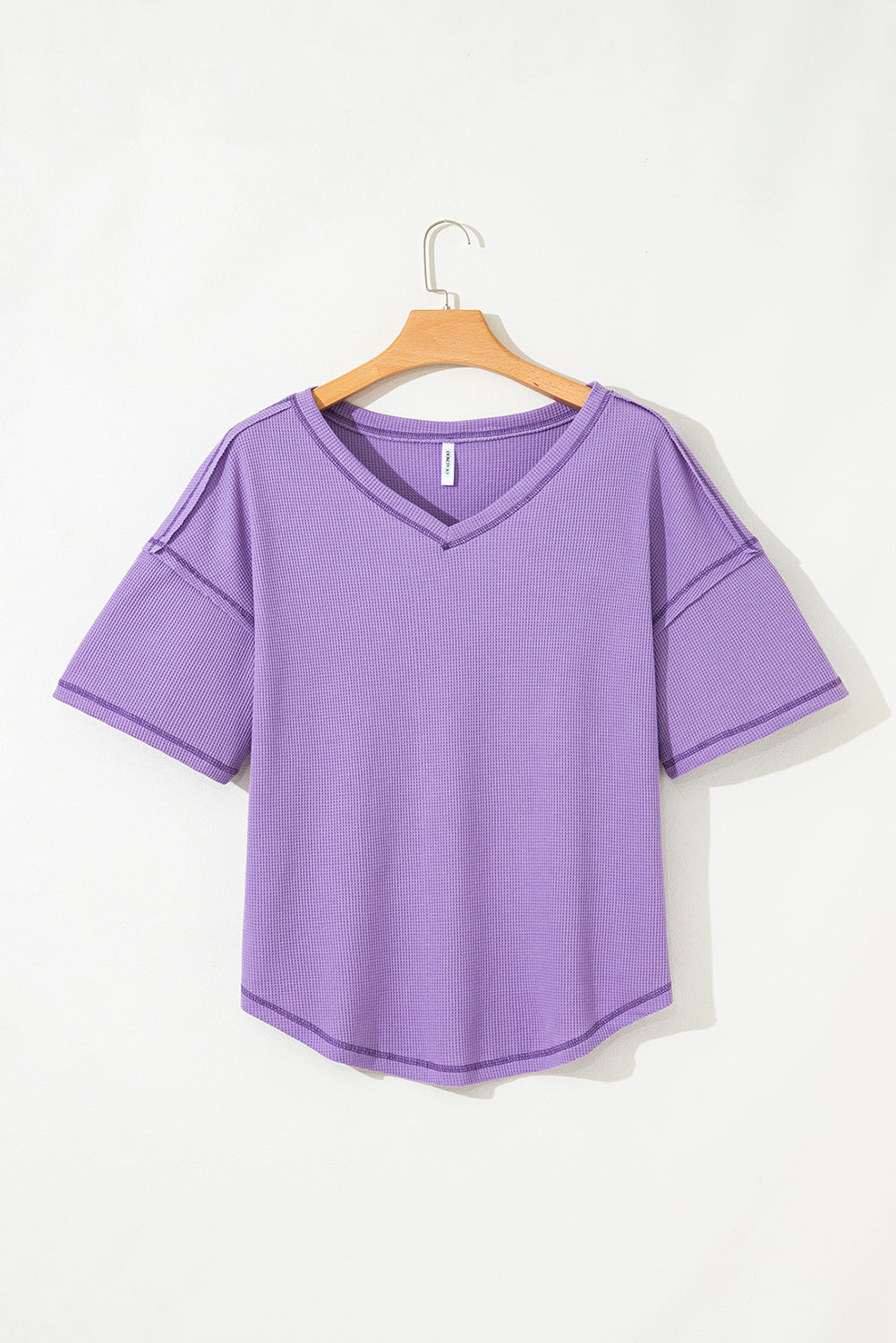 Purple Exposed Seam Half Sleeve Knitted V Neck Textured Top