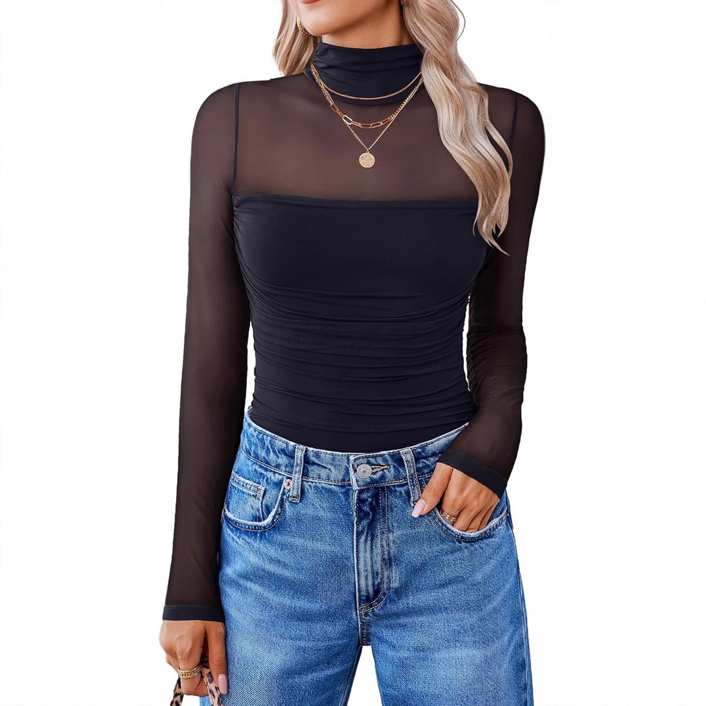 Round Neck Mesh Stitching Sheer Long Sleeve