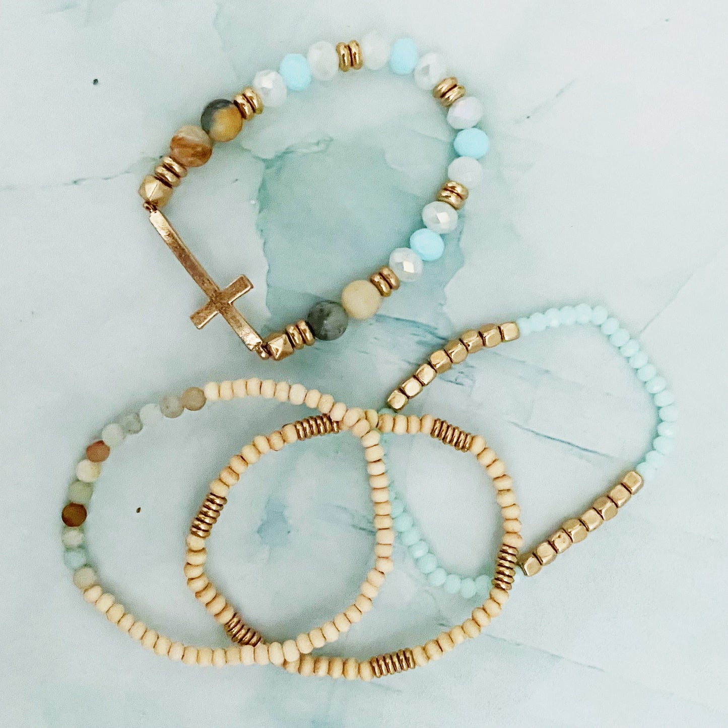 Set Of 4, Stone And Wooden Beads Bracelet by Ellisonyoung.com