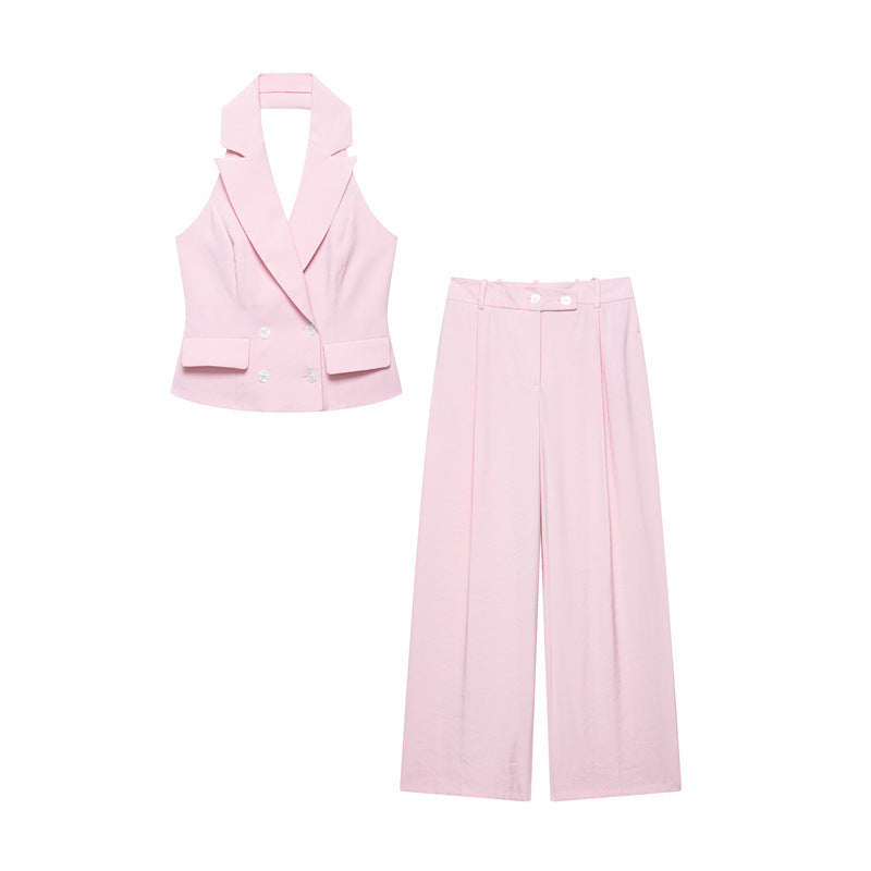 Women's Double Breasted Hanging Collar Vest Wide Back Pants