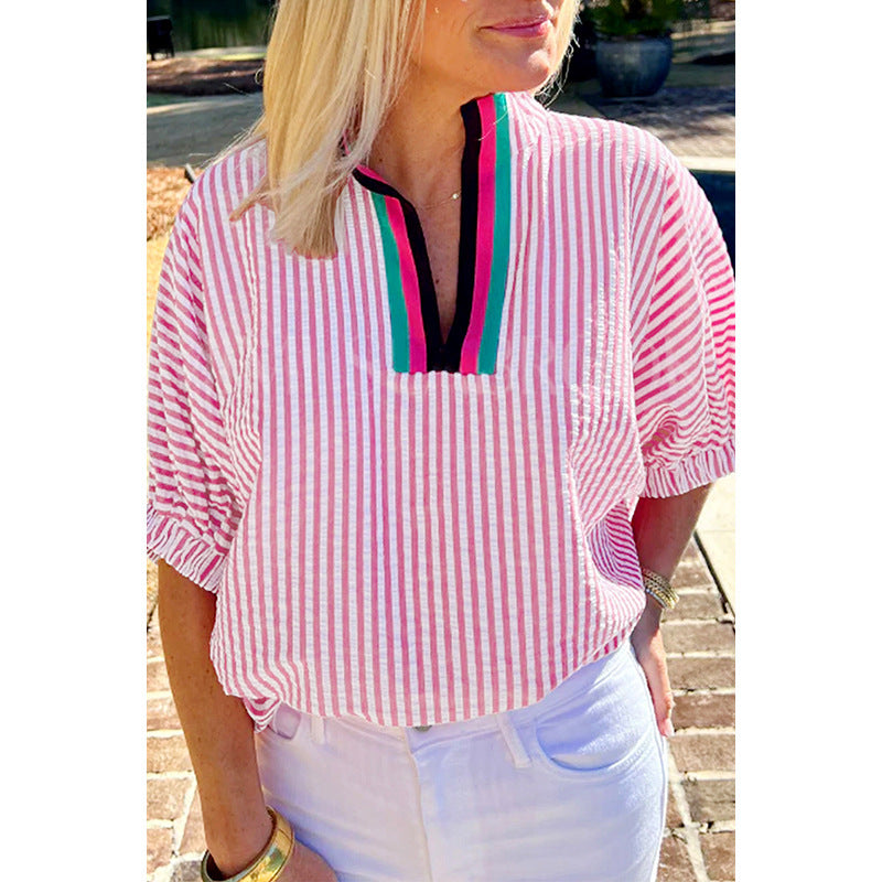 Color-block V Neck Pullover Top For Women