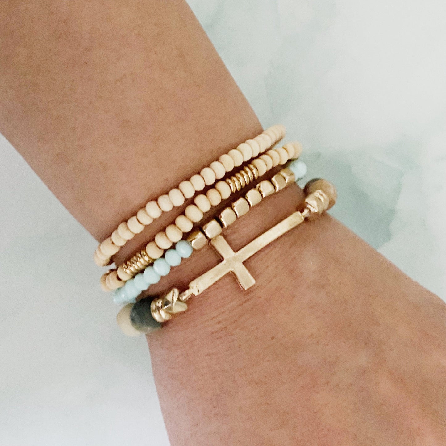 Set Of 4, Stone And Wooden Beads Bracelet by Ellisonyoung.com