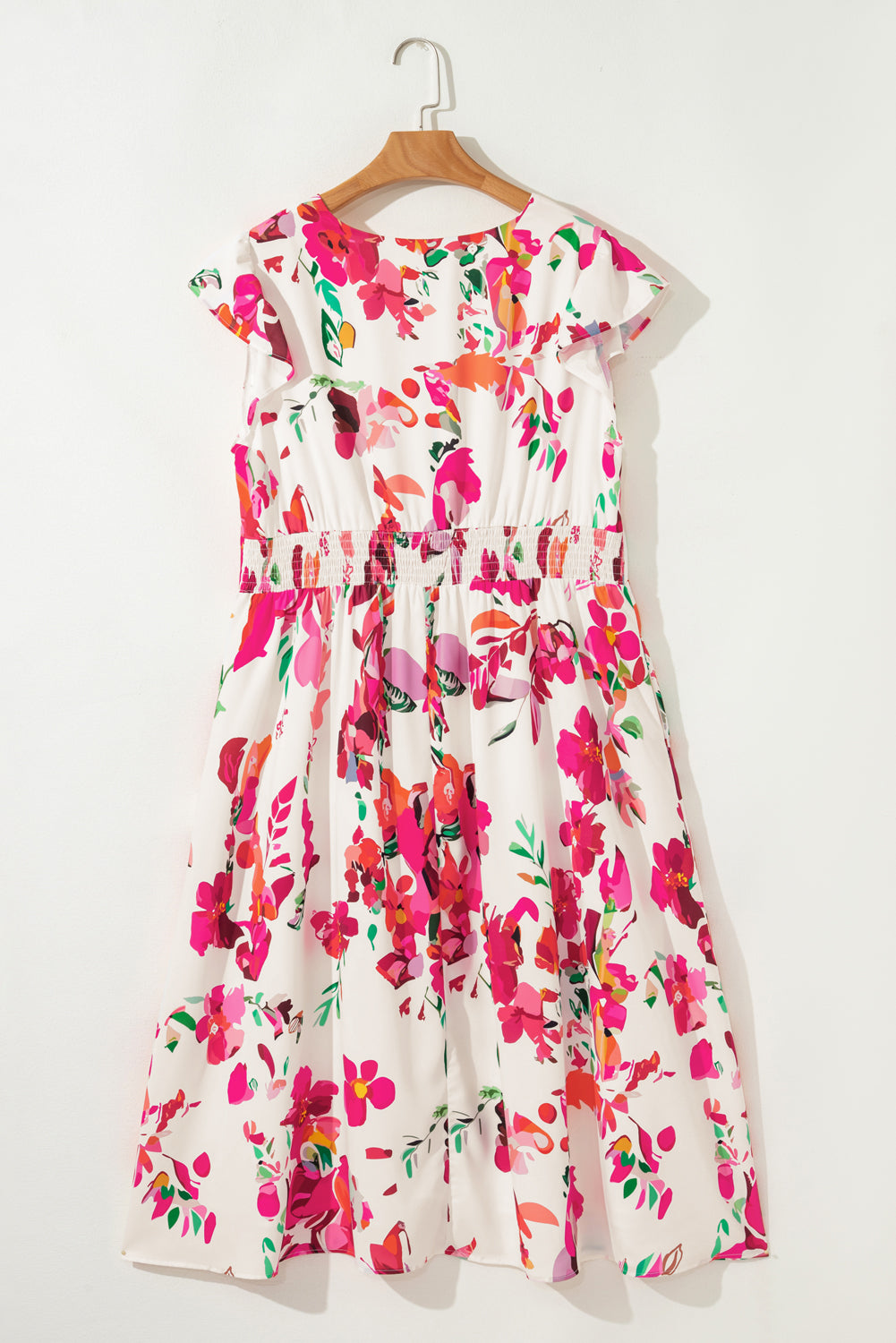 Pink Floral Print V Neck Ruffle Sleeve Plus Size Midi Dress