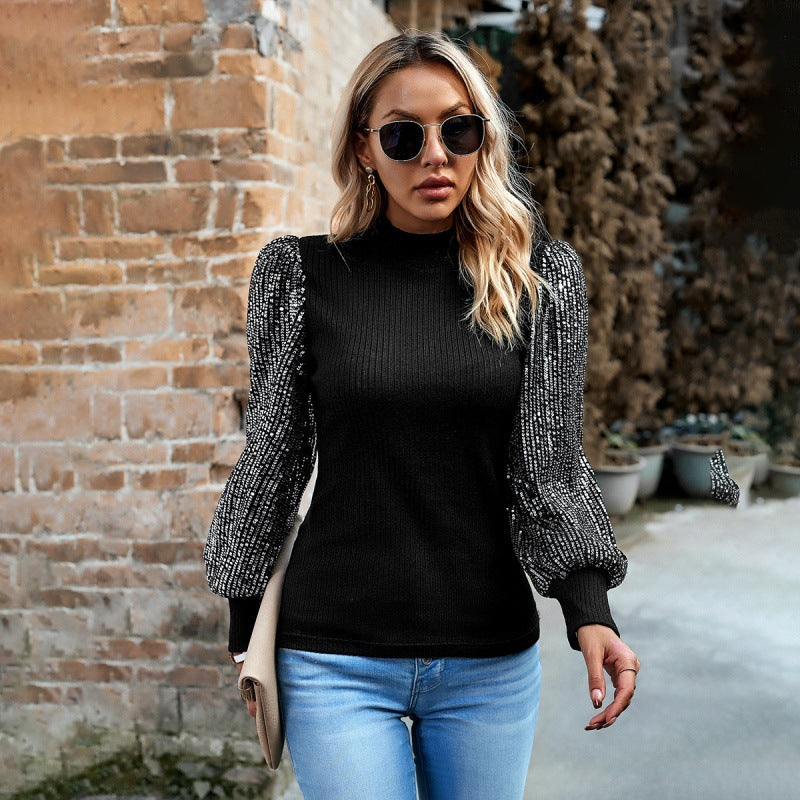 Half-high Collar Long Sleeves Sequin Stitching Knitted Top
