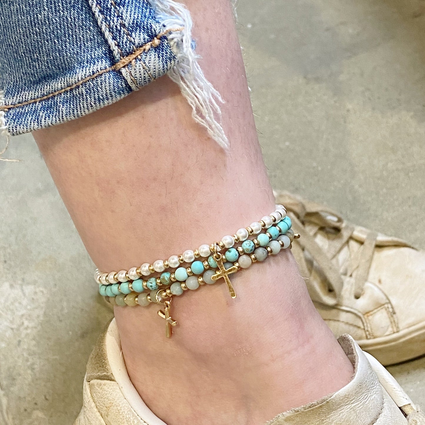 Stone Bead Cross Anklet by Ellisonyoung.com