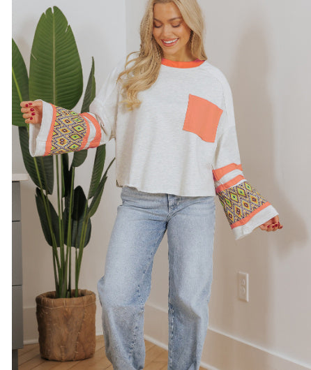 Apricot Western Aztec Patch Mineral Wash Loose Fit Top
