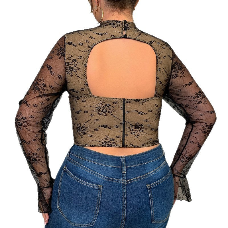 Large Size For Girl Hot Girl Mesh Low-cut Steel Ring Fishbone Long-sleeved Top